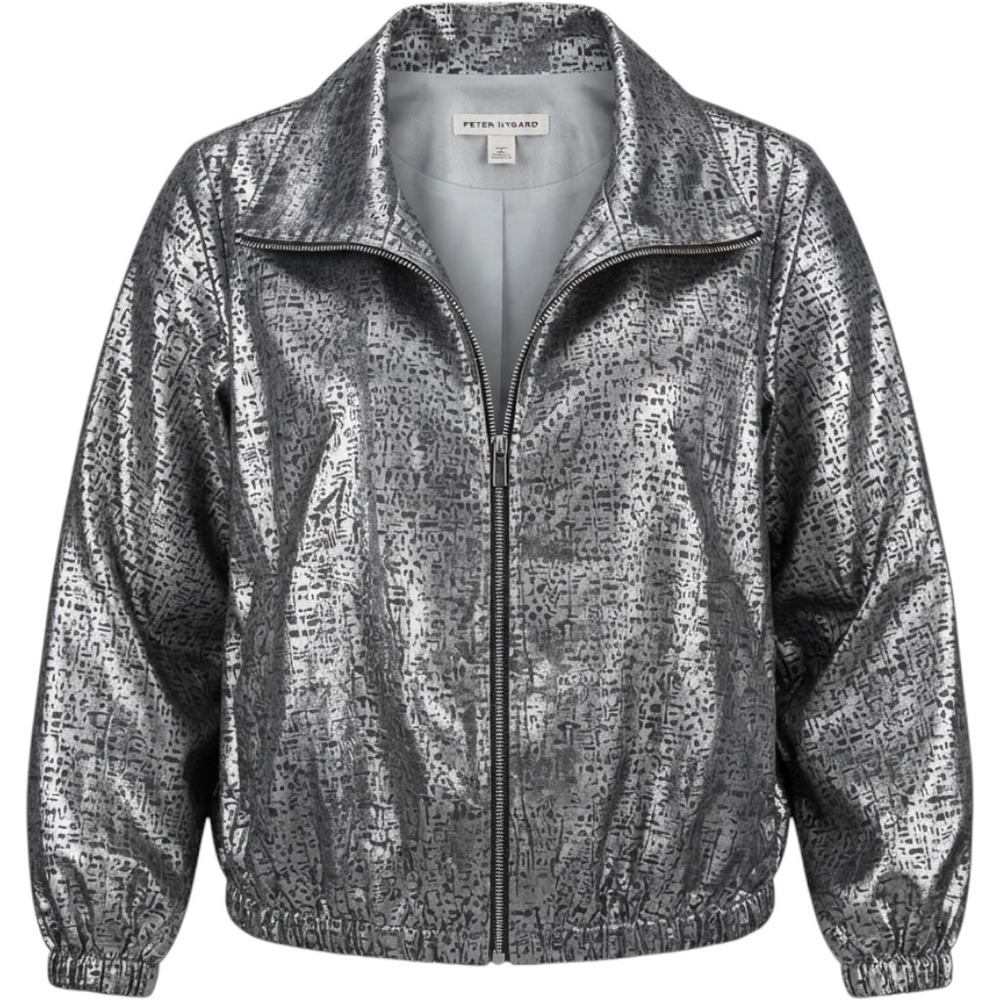Peter Nygard Silver Metallic Textured Bomber Jacket Womens XL Zip Up Cyber Core